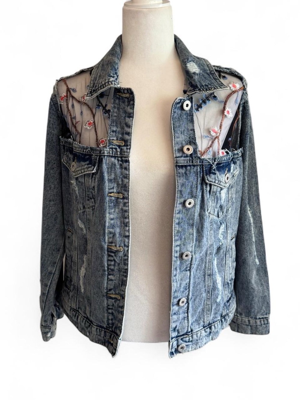 Custom made sheer floral panel Jean jacket